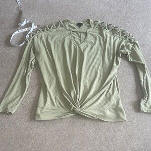 Buckle Black Ribbed Cold Shoulder Top Olive Green